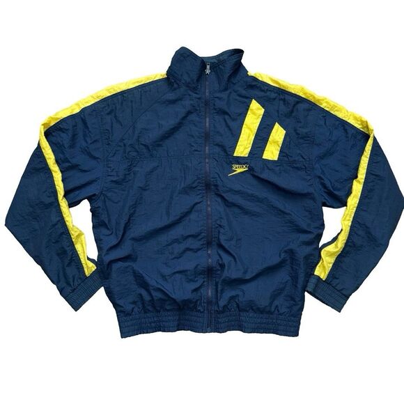 VTG 90s Speedo Windbreaker Jacket Navy Blue Yellow Full Zip Men’s Small Retro - Picture 1 of 8